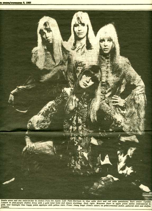 Zeitschrift »Rolling Stone« (Erstausgabe 1967, Seite 3, Beatle wives: Patti Harrison, Cynthia Lennon, Maureen Starr (v.l.), Jenny Boyd (vorne, Patti's sister)), Foto © Friedhelm Denkeler
