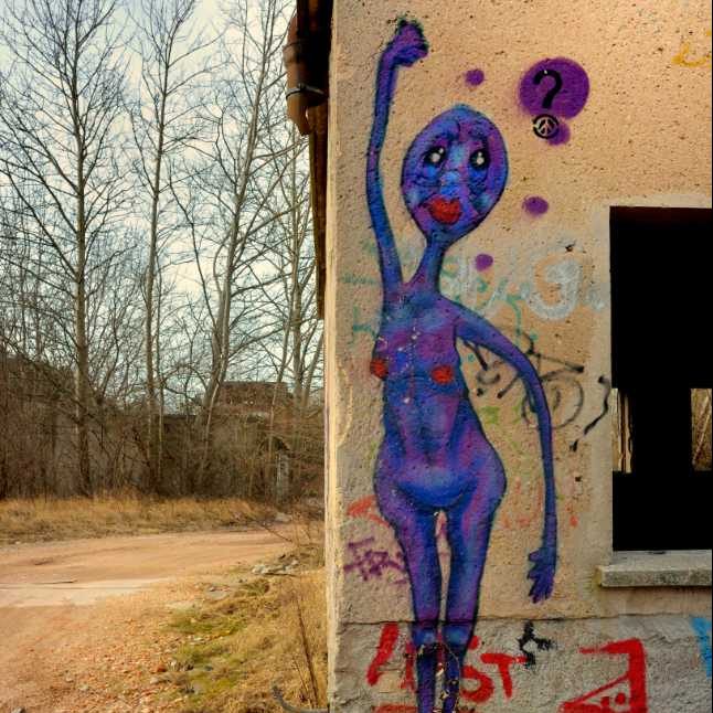 »Lila Alien – eine Begegnung der Ersten Art (gesehen in Prora/ Rügen), Foto © Friedhelm Denkeler 2016