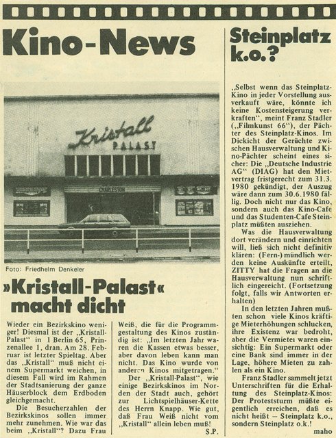 Artikel "Kristall-Palast macht dicht" in Zitty, 05/1980 mit einem Foto von Friedhelm Denkeler